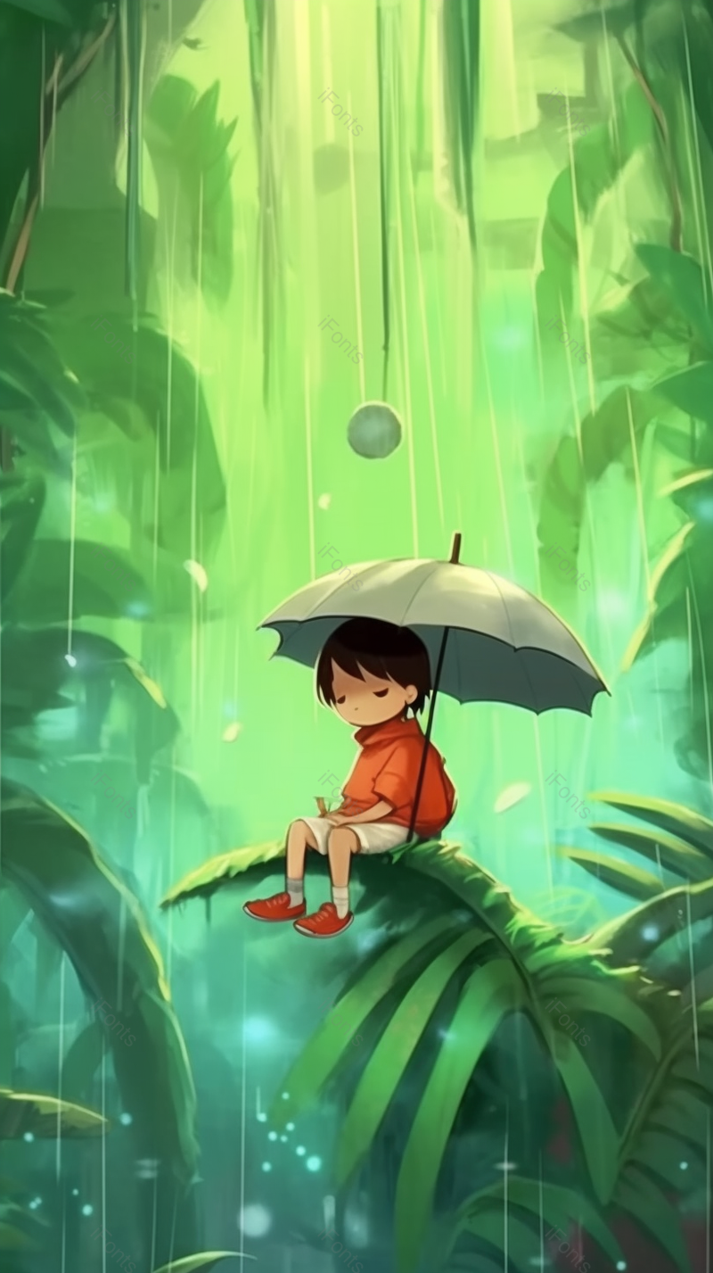 下雨天女孩撑着伞坐在绿色植物上插画背景,插画/手绘图,插画/手绘图库,插画/手绘图下载,插画/手绘